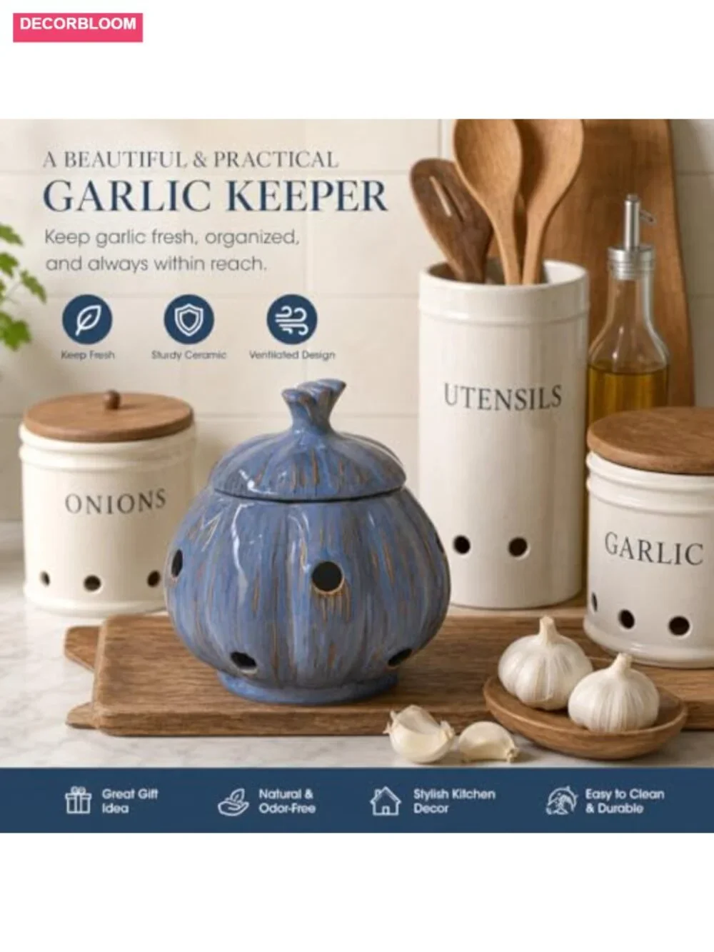 Ceramic Garlic Keeper Storage Jar with Lid, Large Kitchen Countertop Canister